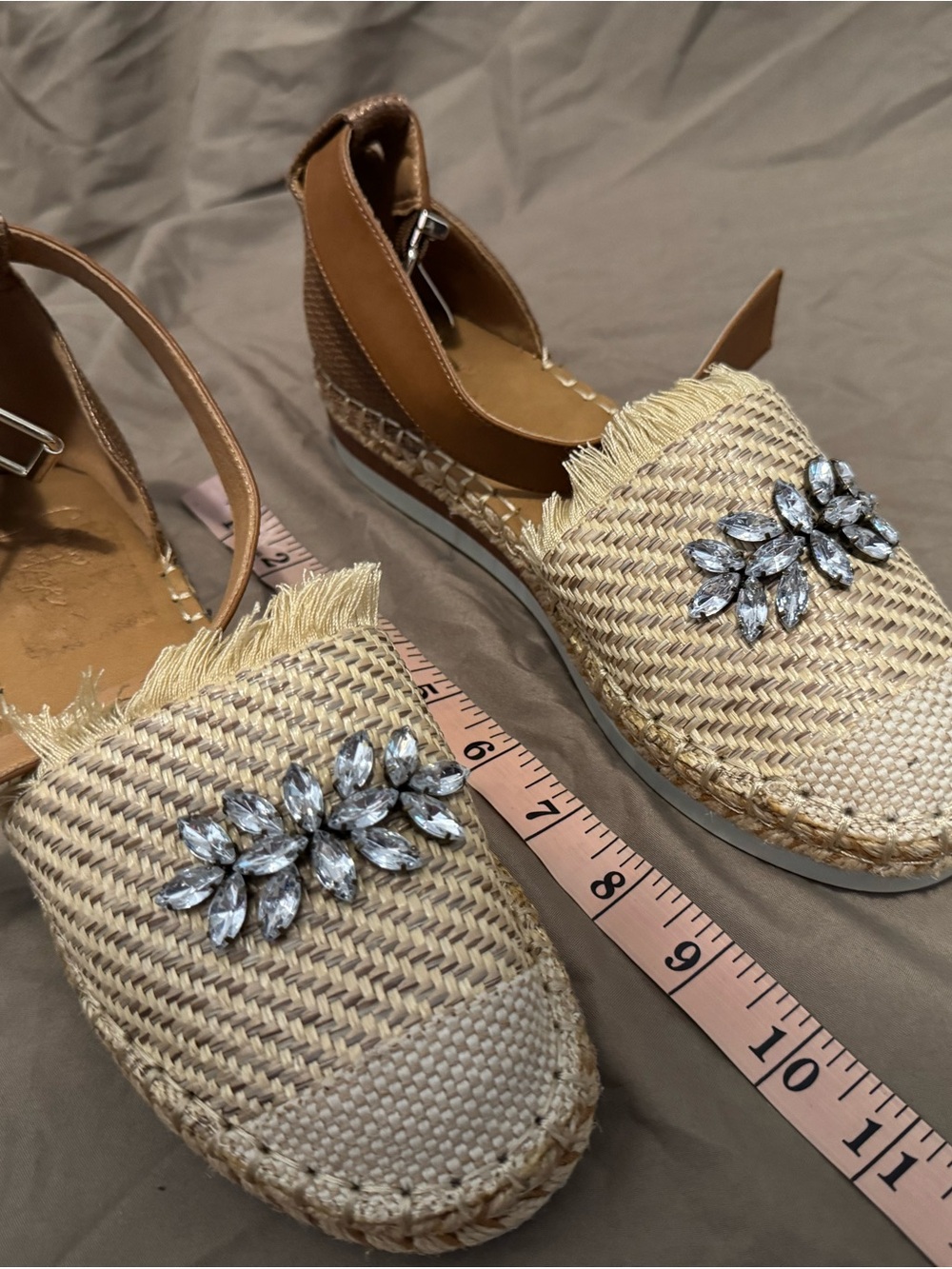 Crown Vintage Tan Beige Woven Espadrilles with Crystal Embellishment - Picture 2 of 10